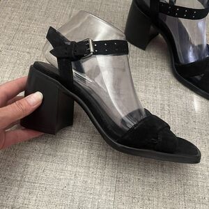 THE KOOPLES Suede Block Heel Sandals Size FR 39 (US 8) Black NEW Party Designer